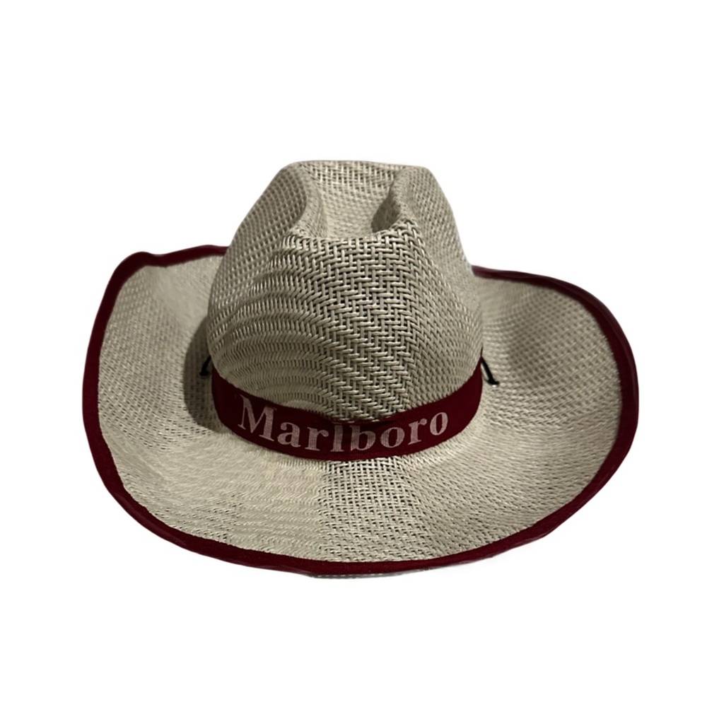 Red and Cream Cowboy Hat with Wide Brim and Tall Crown